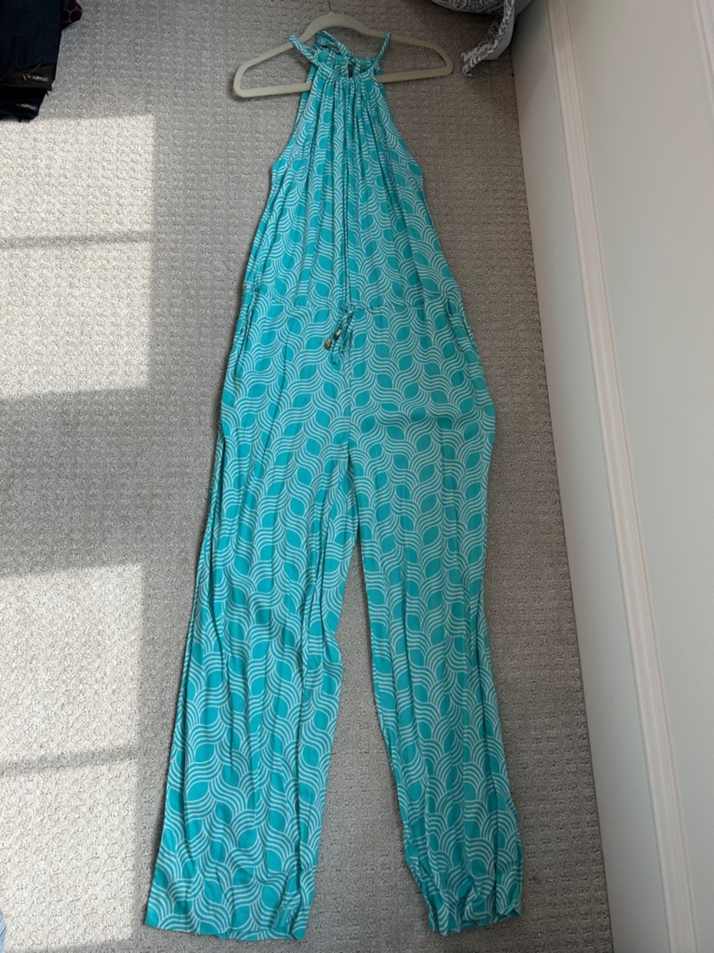 Sleeveless Teal Halter Jumpsuit with Pattern